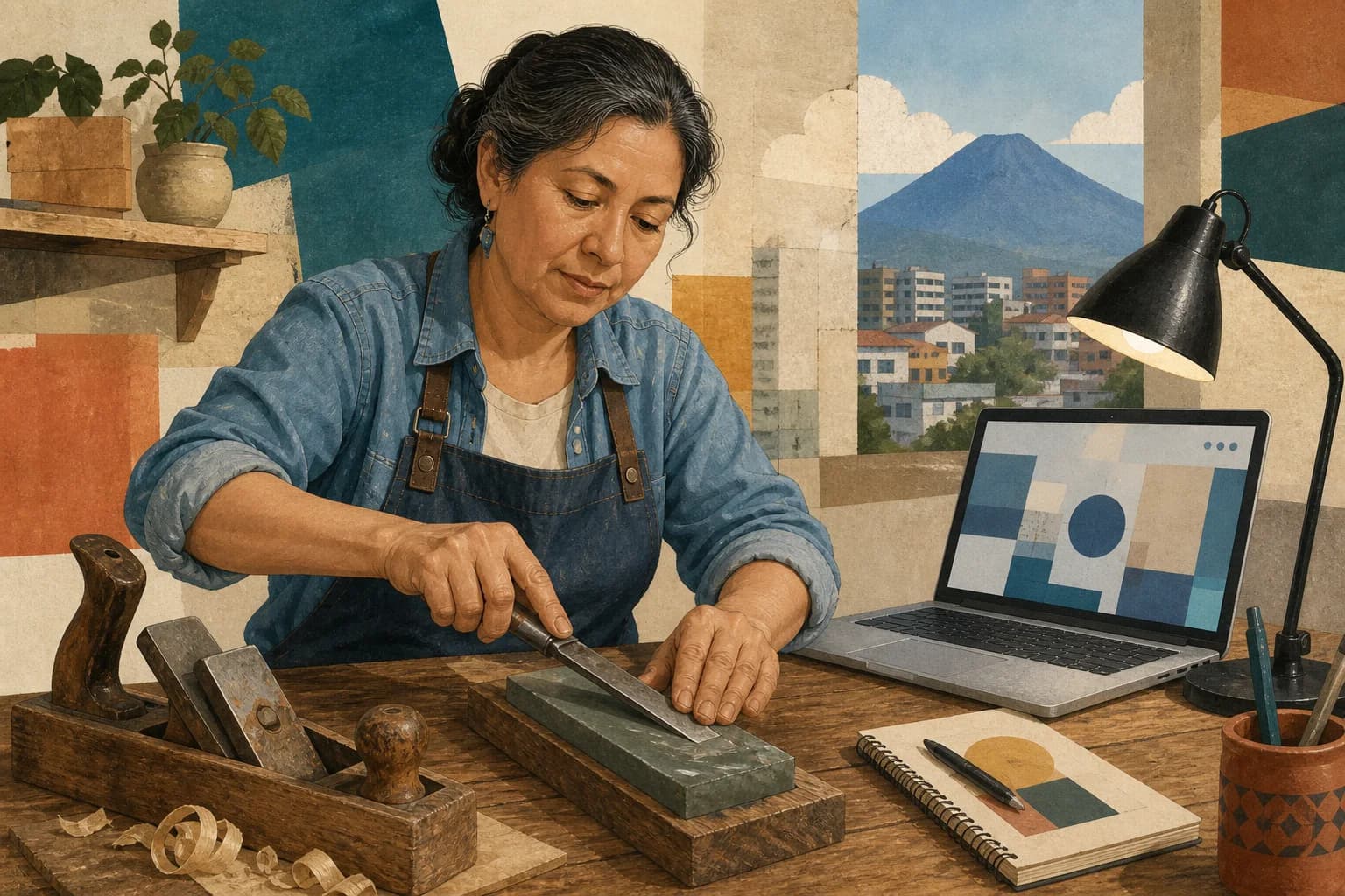 Mujer afilando una herramienta de oficio junto a una computadora