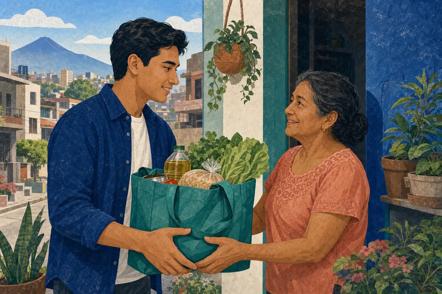 Persona entregando víveres a una viuda en un entorno urbano guatemalteco