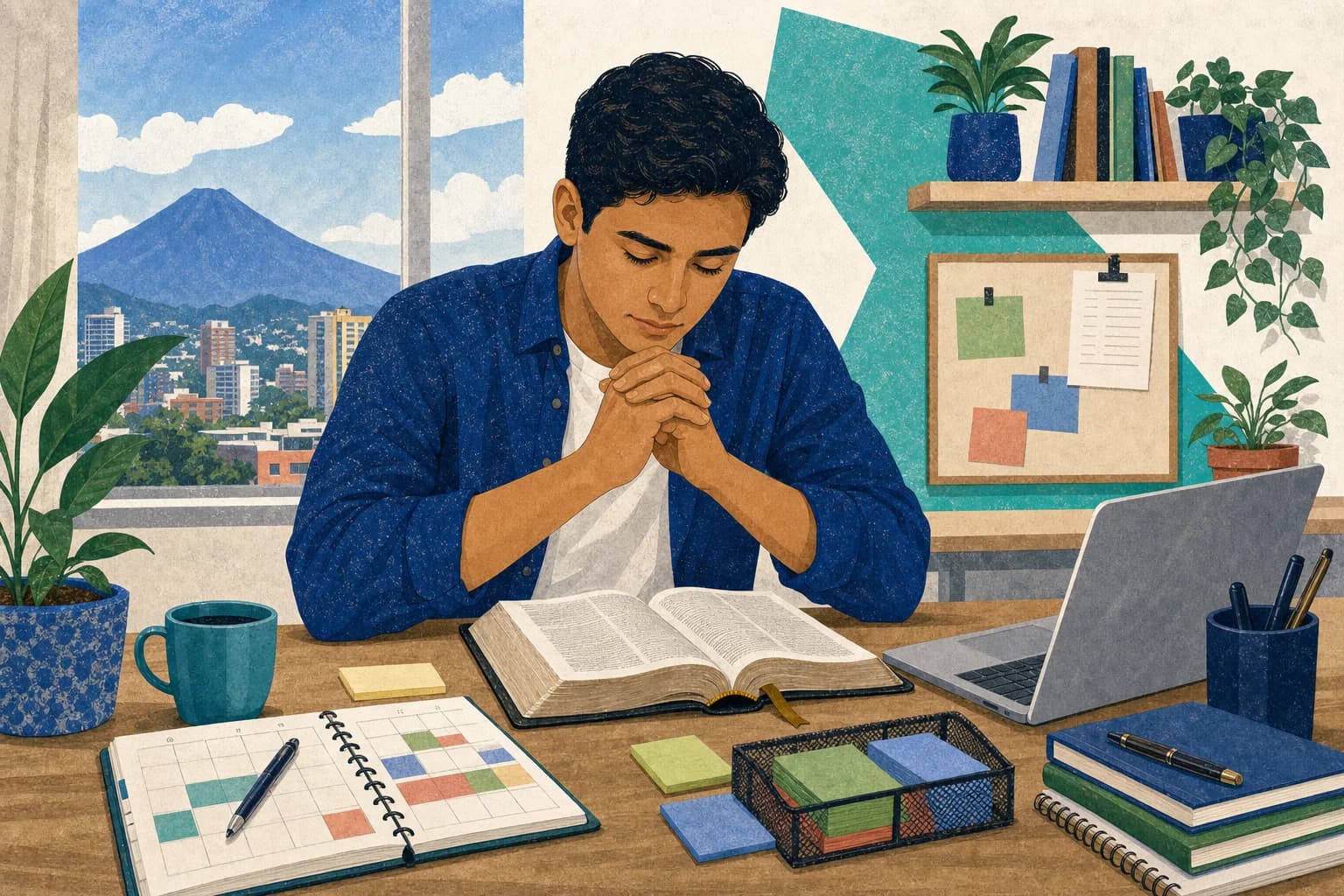 Mesa con una Biblia abierta y una computadora portátil