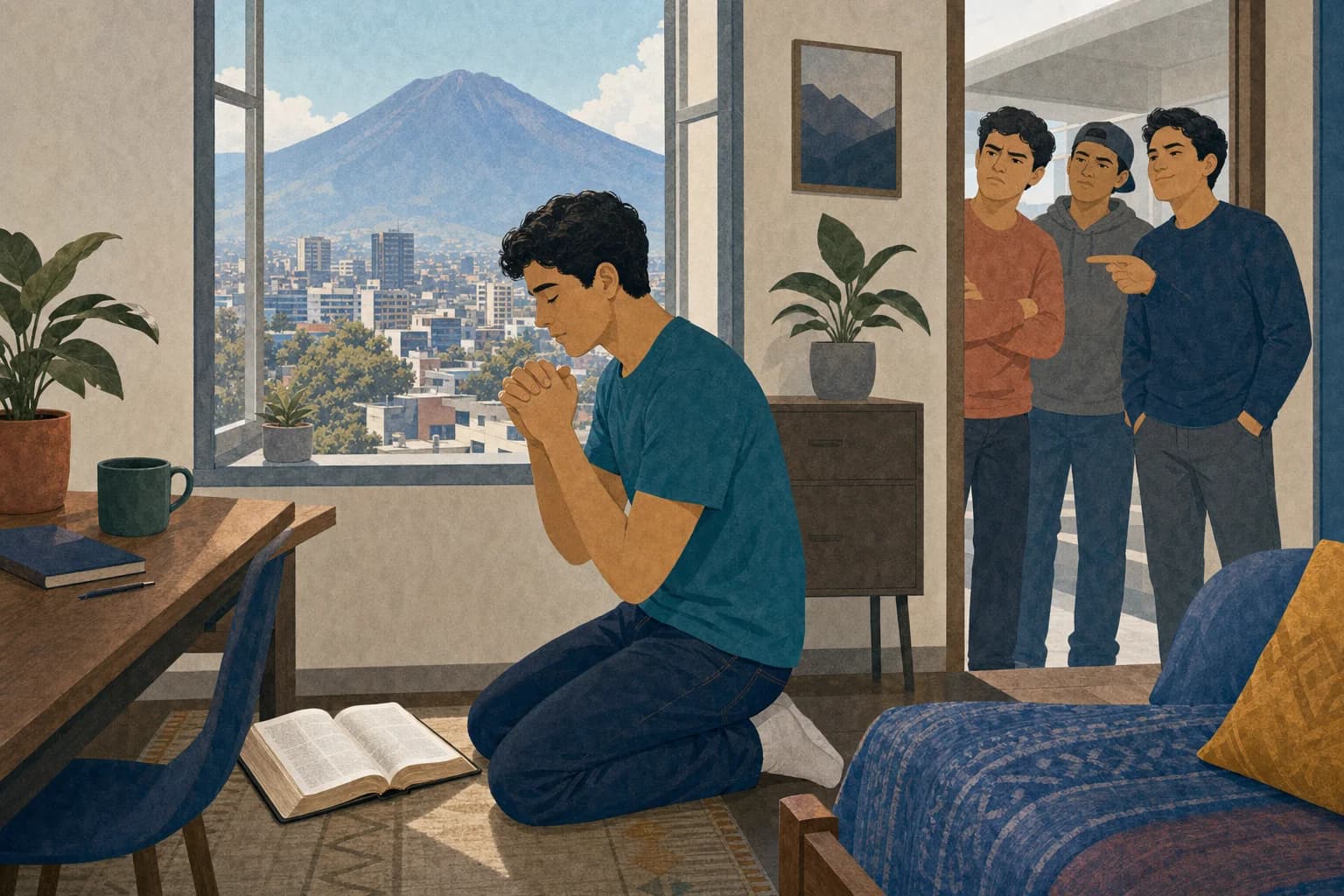 Joven orando con serenidad mientras otros lo observan