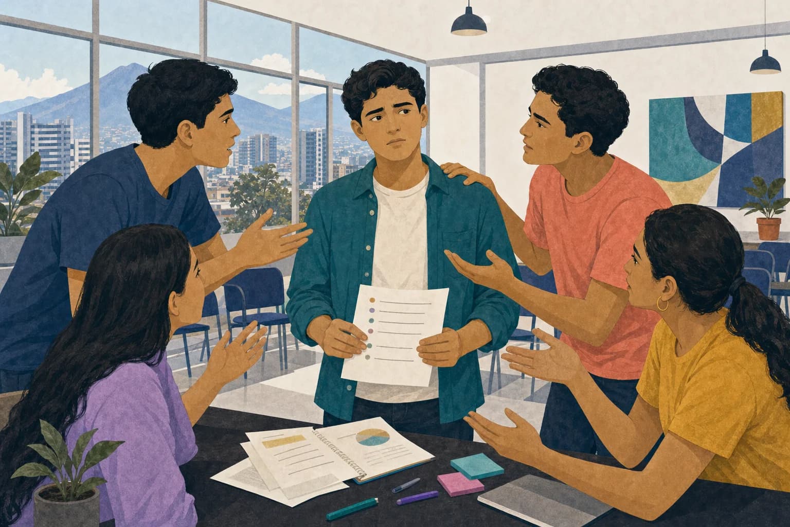 Líder joven cediendo ante la presión de un grupo